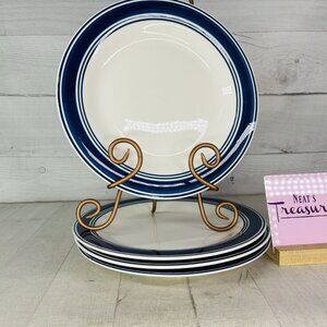 Mainstays CASUAL BANDED ROYAL BLUE Rings Stoneware White Dinner Plates Set of 4